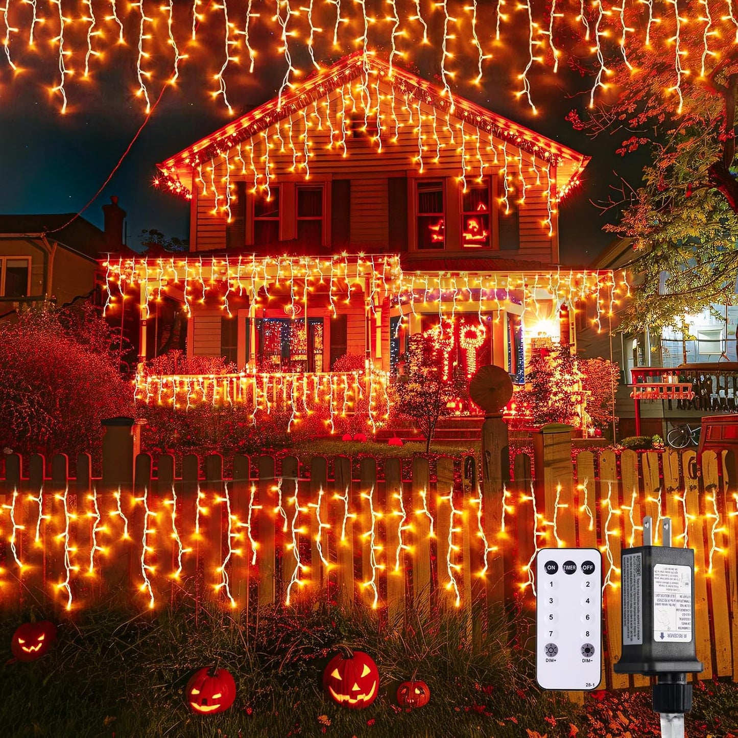 JMEXSUSS Orange Halloween Lights Outdoor, 800 LED Orange Icicle Lights Outdoor Waterproof, 8 Modes