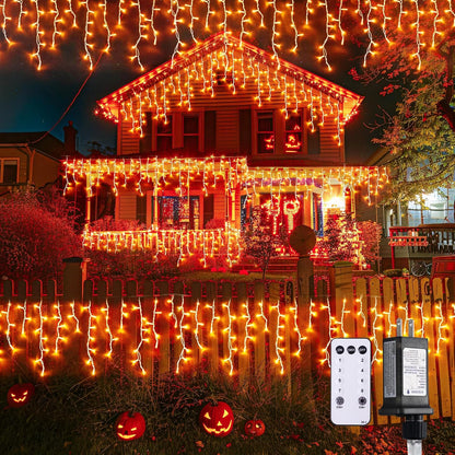 JMEXSUSS Orange Halloween Lights Outdoor, 800 LED Orange Icicle Lights Outdoor Waterproof, 8 Modes
