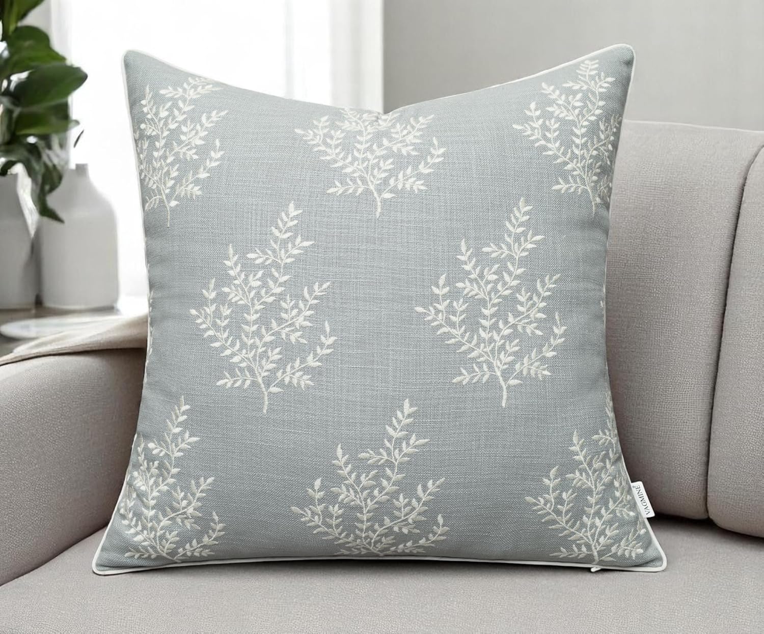 VAGMINE Embroidered Leaves Throw Pillow Cover - 18x18 Inches Square - 100% Cotton Robins Egg