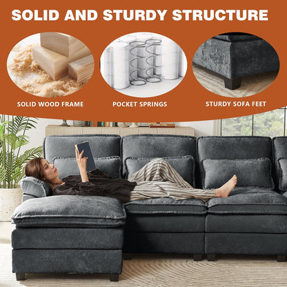 113" Oversized Cloud Couch, U Shape Sectional 4 Seat Sofa with Double Chaises, 2 Layer Cusions