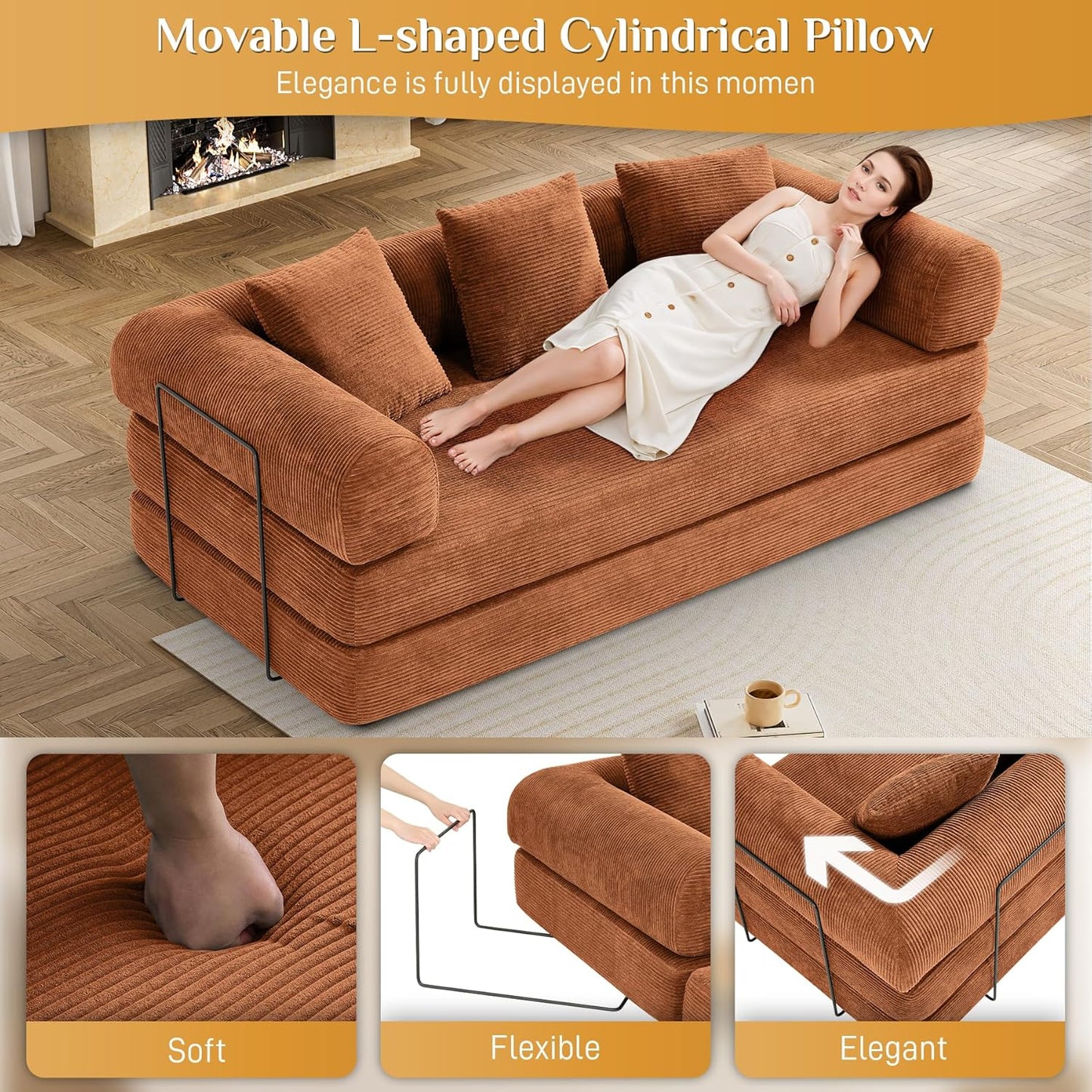 Convertible Sleeper Sofa Bed with Pillow, 4-in-1 Corduroy Folding Mattress Couch with Fixed-Shape