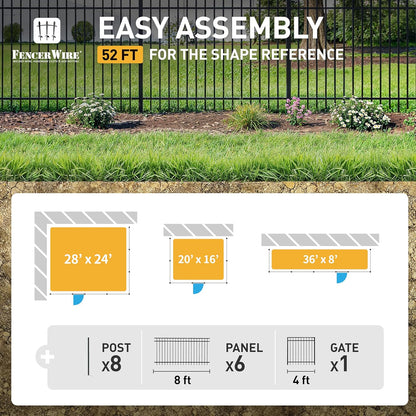 Fencer Wire 52FT Heavy Duty Flat Top Fence Barrier Kit, Anti-Rust Metal Steel Fence with 6FT Height