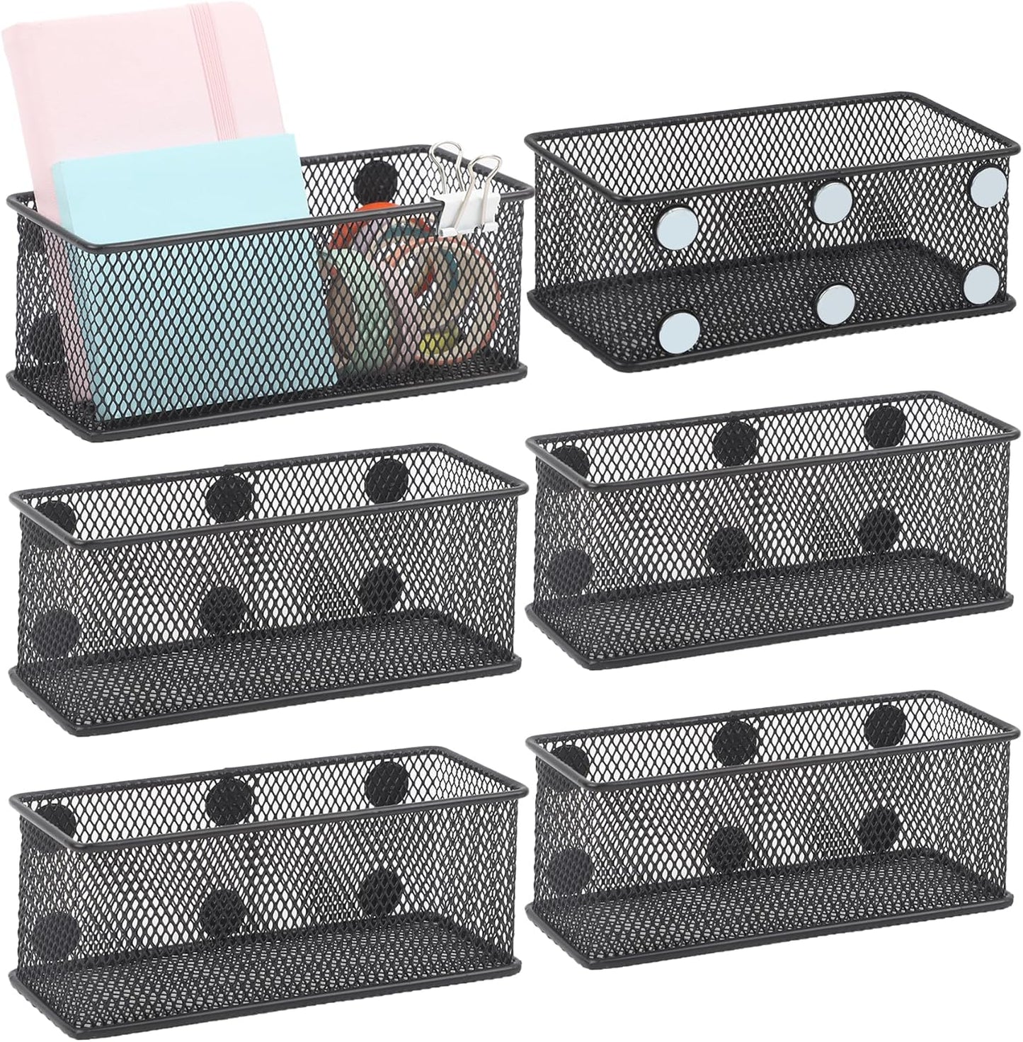EASEPRES Magnetic Pencil Holder Set of 6 - Black Wire Mesh Storage Baskets Organizer with Strong