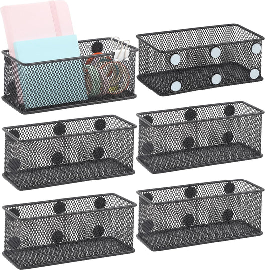 EASEPRES Magnetic Pencil Holder Set of 6 - Black Wire Mesh Storage Baskets Organizer with Strong