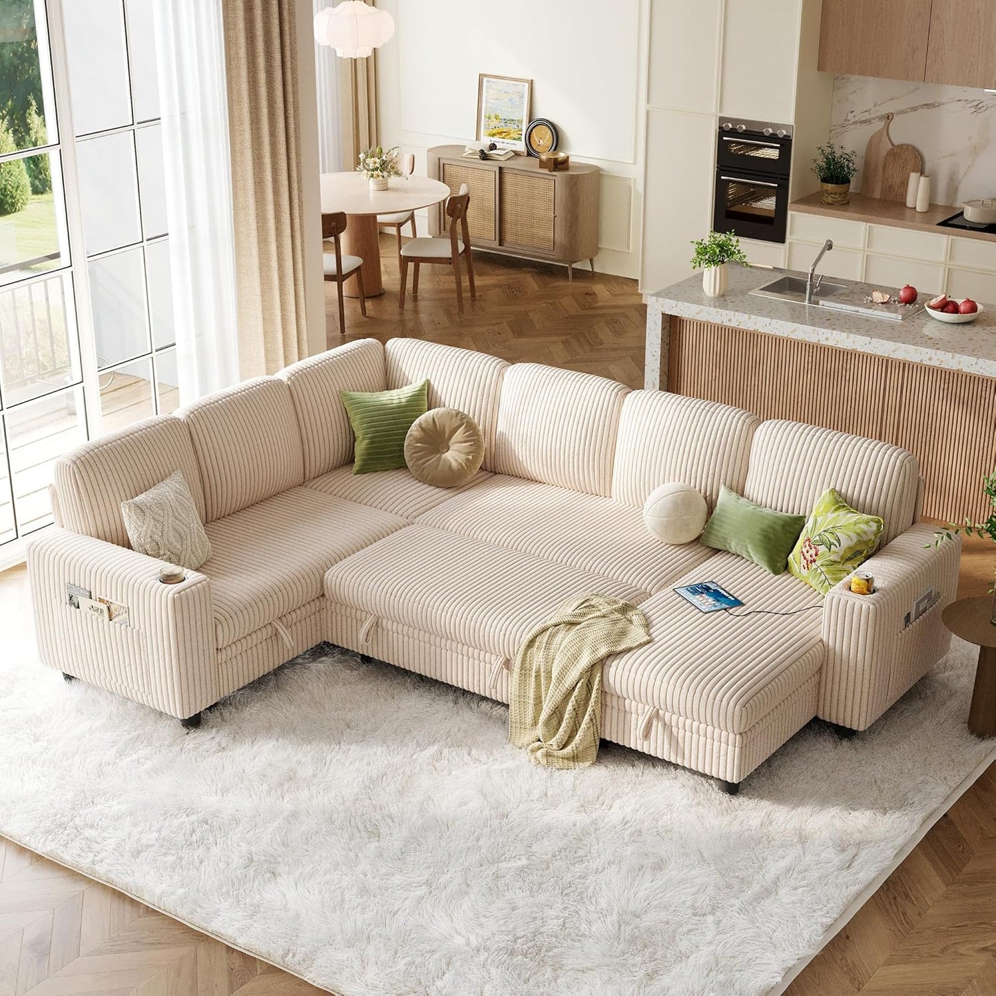 LINSY HOME Sectional Sleeper Sofa with Pull Out Couch Bed - Convertible Plush Corduroy Cloud Couch