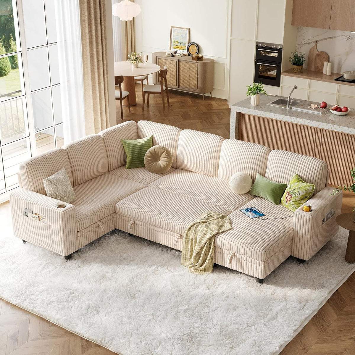 LINSY HOME Sectional Sleeper Sofa with Pull Out Couch Bed - Convertible Plush Corduroy Cloud Couch