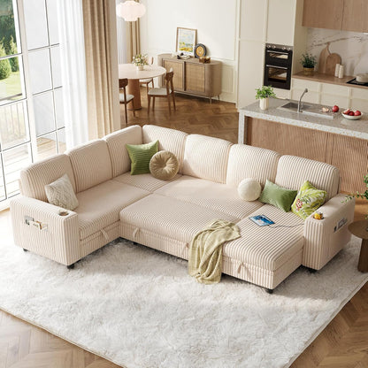LINSY HOME Sectional Sleeper Sofa with Pull Out Couch Bed - Convertible Plush Corduroy Cloud Couch