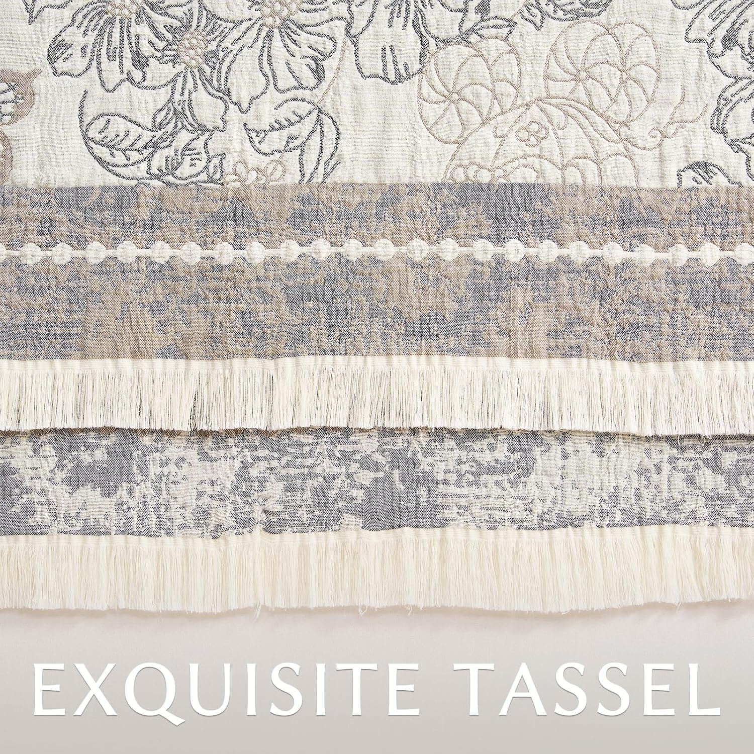 jinchan Boho Floral 100% Cotton Blanket 4-Layer Throw Blanket with Tassel Grey and White Flower