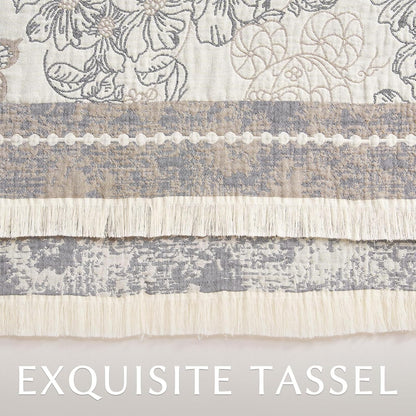 jinchan Boho Floral 100% Cotton Blanket 4-Layer Throw Blanket with Tassel Grey and White Flower