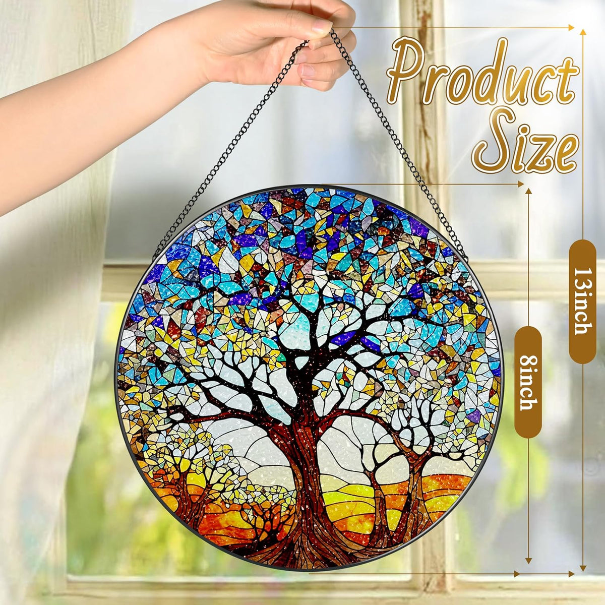 Stained Glass Window Hanging, LAOWEIKI 8'' Tree of Life Suncatcher, Stained Glass Ornament
