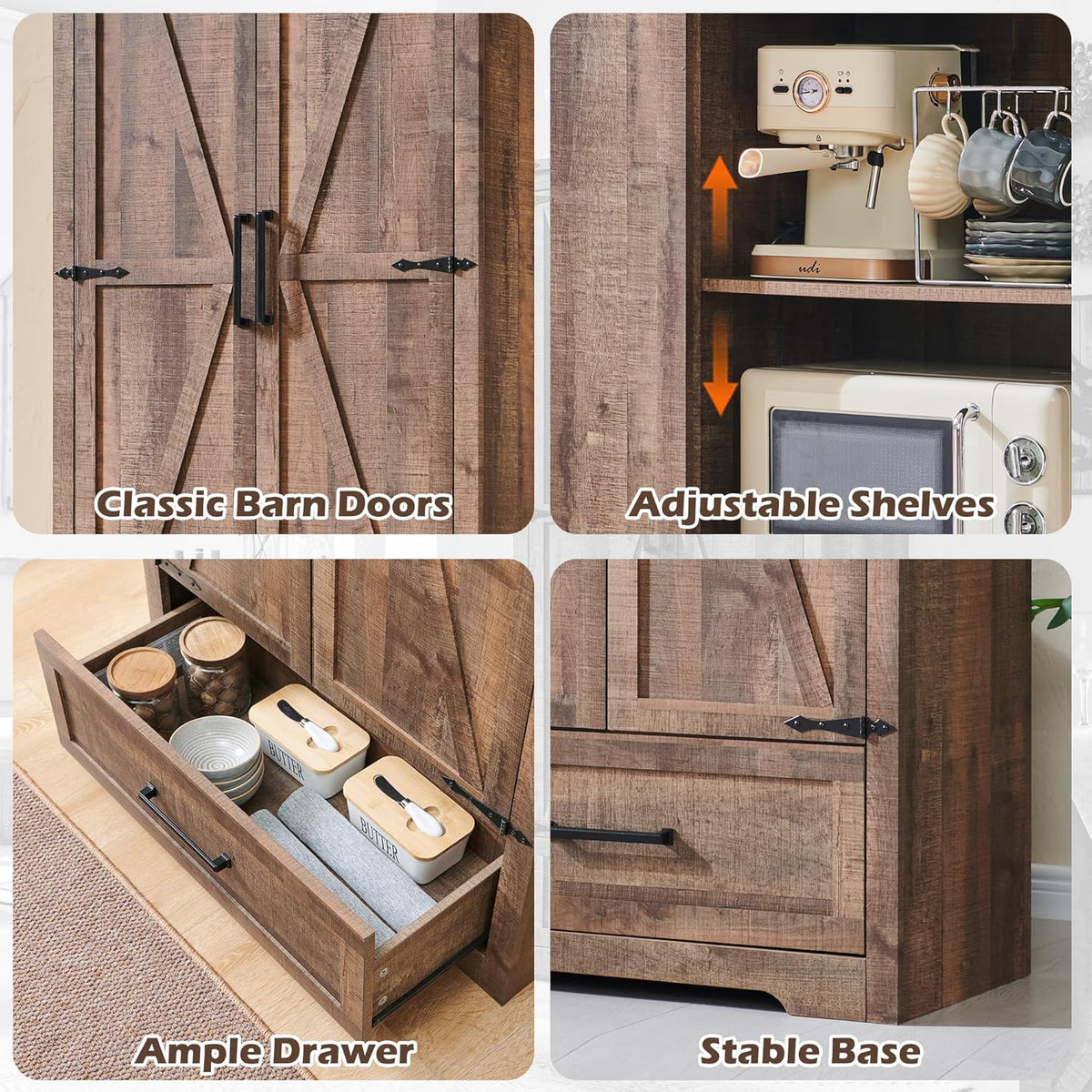 72" Tall Wood Storage Cabinet, Farmhouse Kitchen Pantry Cabinet with Adjustable Shelves & Drawer &