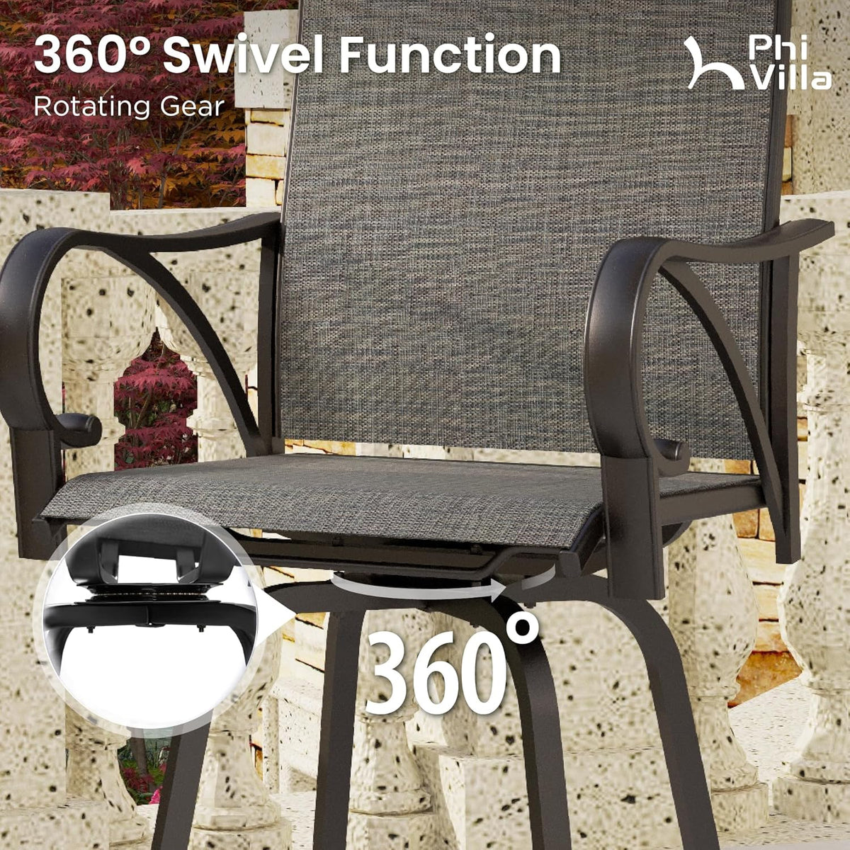 PHI VILLA 5 Piece Outdoor Bar Set, High Top Patio Table and Chairs with 4 Swivel Bar Stools (Grey)