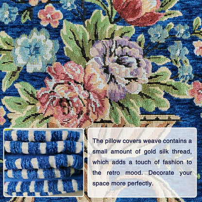 Set of 2 Blue Vintage Embroidered Throw Pillows Covers 18x18in，Vintage Decorations Floral