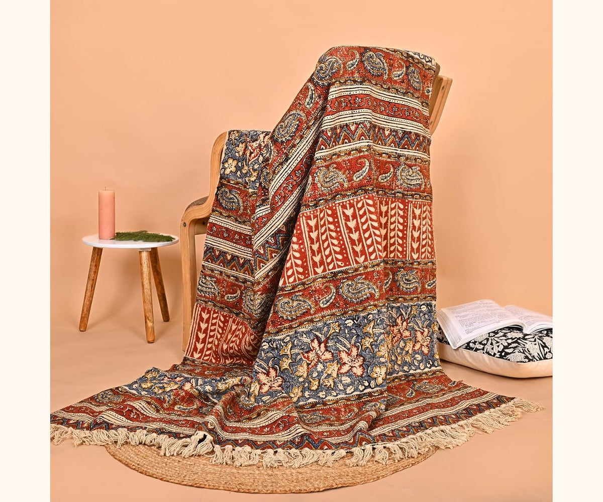 Handmade Cotton Floral Throw Blanket | Indian Block Print with Tassels | Boho Fringed Sofa & Bed