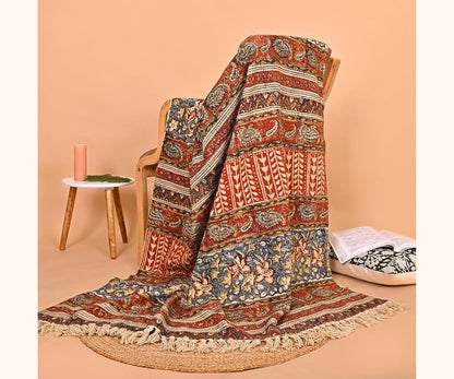 Handmade Cotton Floral Throw Blanket | Indian Block Print with Tassels | Boho Fringed Sofa & Bed