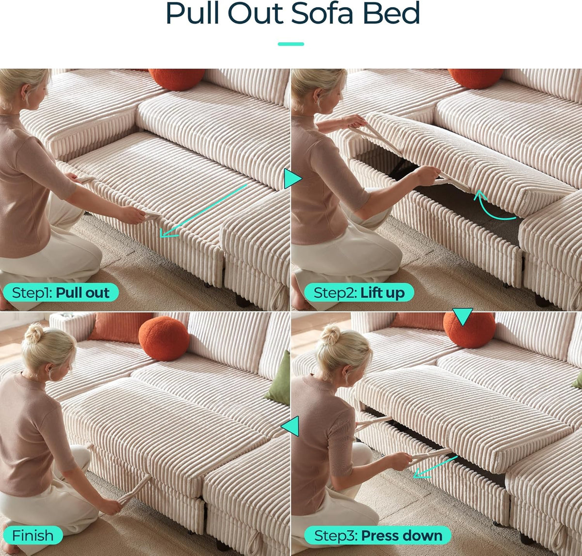 LINSY HOME Sectional Sleeper Sofa with Pull Out Couch Bed - Convertible Plush Corduroy Cloud Couch