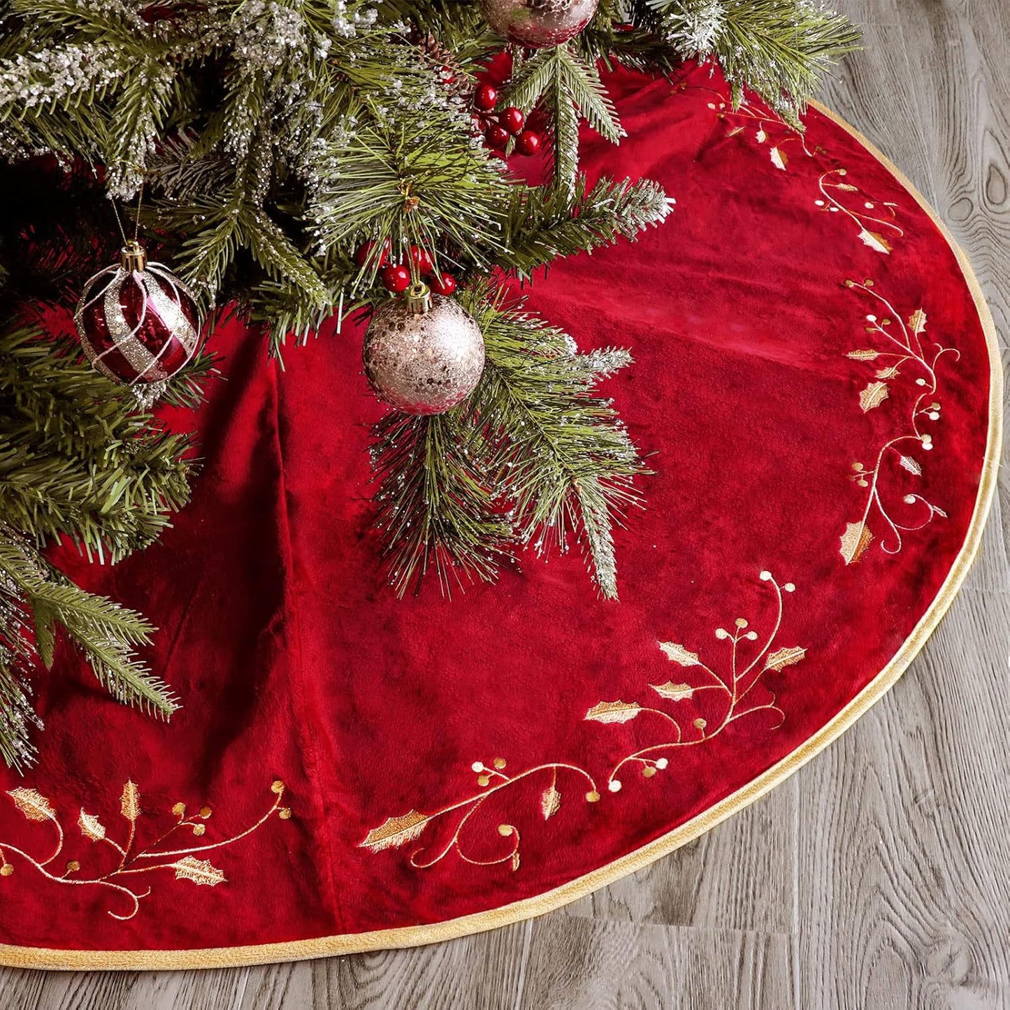 Christmas Tree Skirt, 48 inches Red Luxury Velvet Plush Fur Skirts with Gold Embroidered Holly Leaf