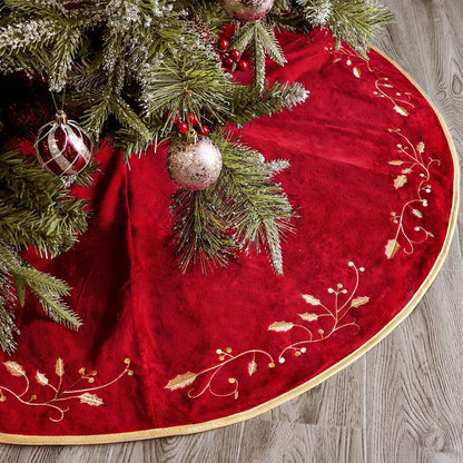 Christmas Tree Skirt, 48 inches Red Luxury Velvet Plush Fur Skirts with Gold Embroidered Holly Leaf