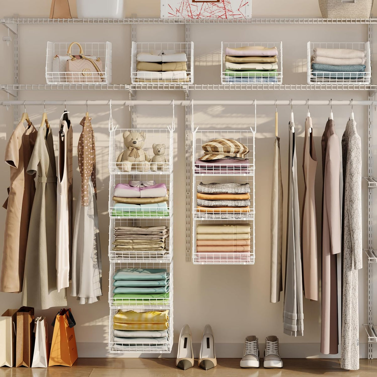 5 Tier Closet Hanging Organizer, Clothes Hanging Shelves with 4 Hanging Hooks 5 S Hooks, Wire