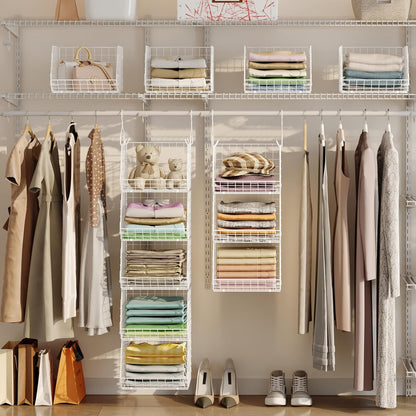 5 Tier Closet Hanging Organizer, Clothes Hanging Shelves with 4 Hanging Hooks 5 S Hooks, Wire