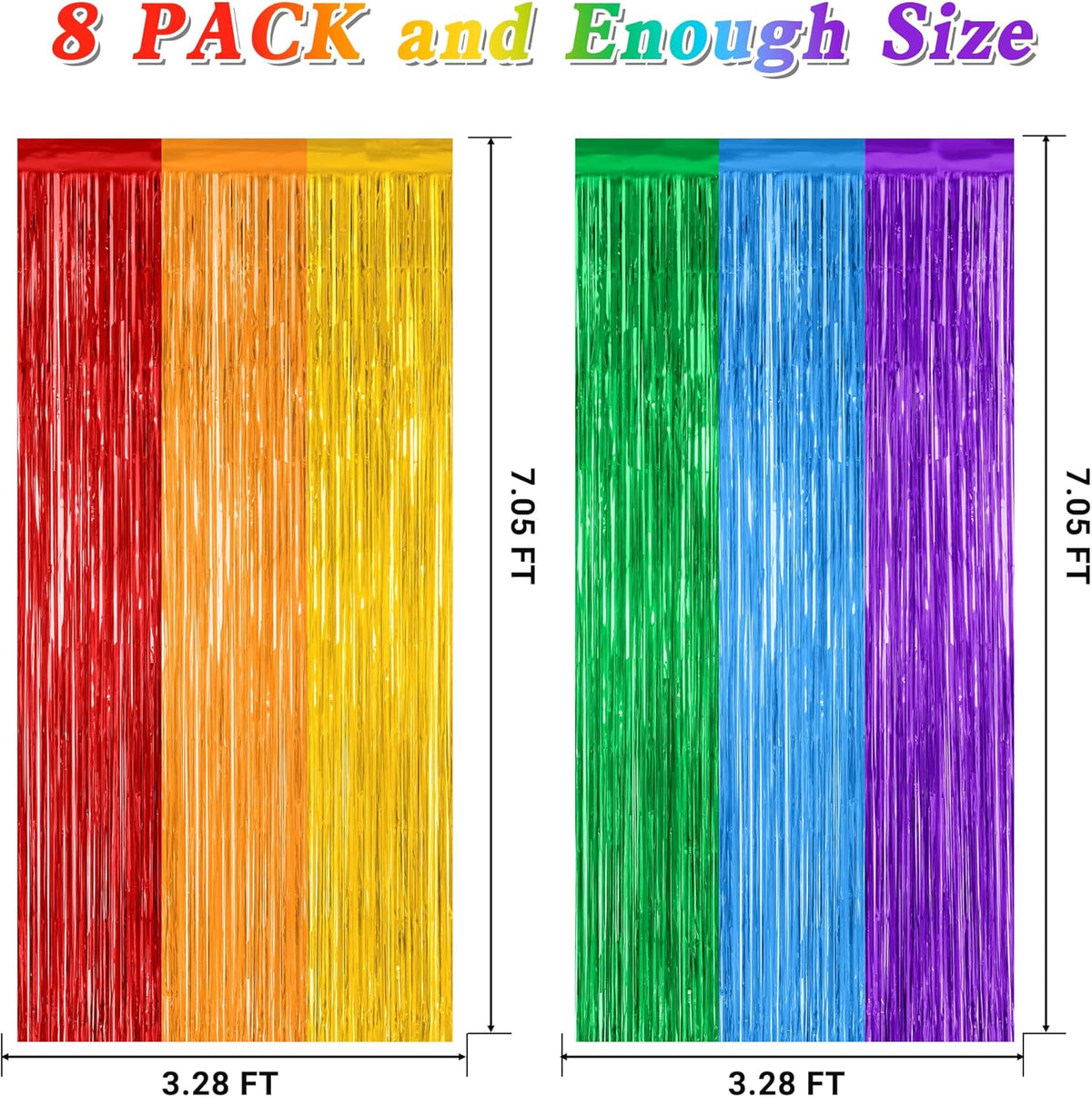 8 Pack Rainbow Backdrop, 3.28 FT x 7.05 FT Backdrop Curtains, Metallic Fringe Curtains Tinsel