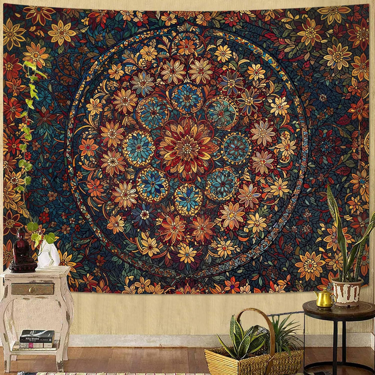 Fowocu Boho Floral Mandala Tapestry Wall Hanging Vintage Bohemian Flower Medallion Tapestry