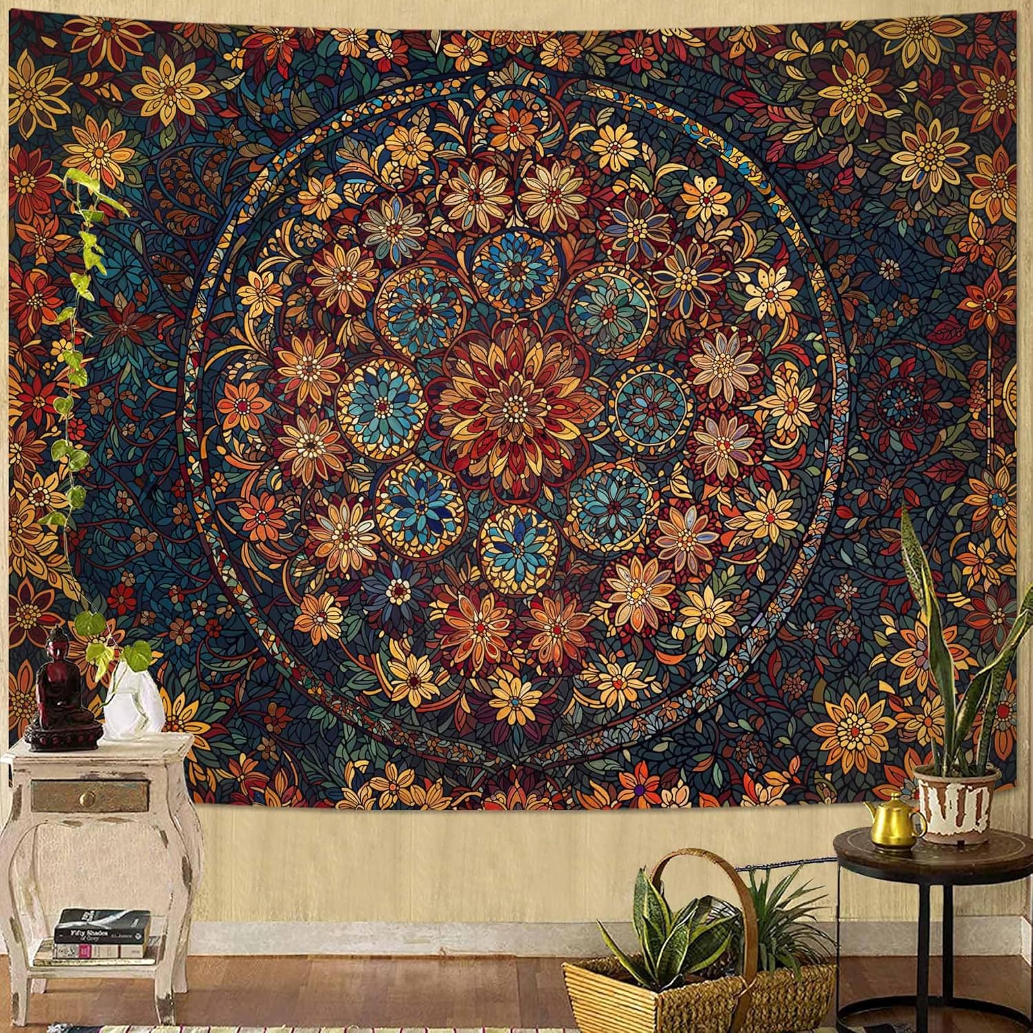 Fowocu Boho Floral Mandala Tapestry Wall Hanging Vintage Bohemian Flower Medallion Tapestry