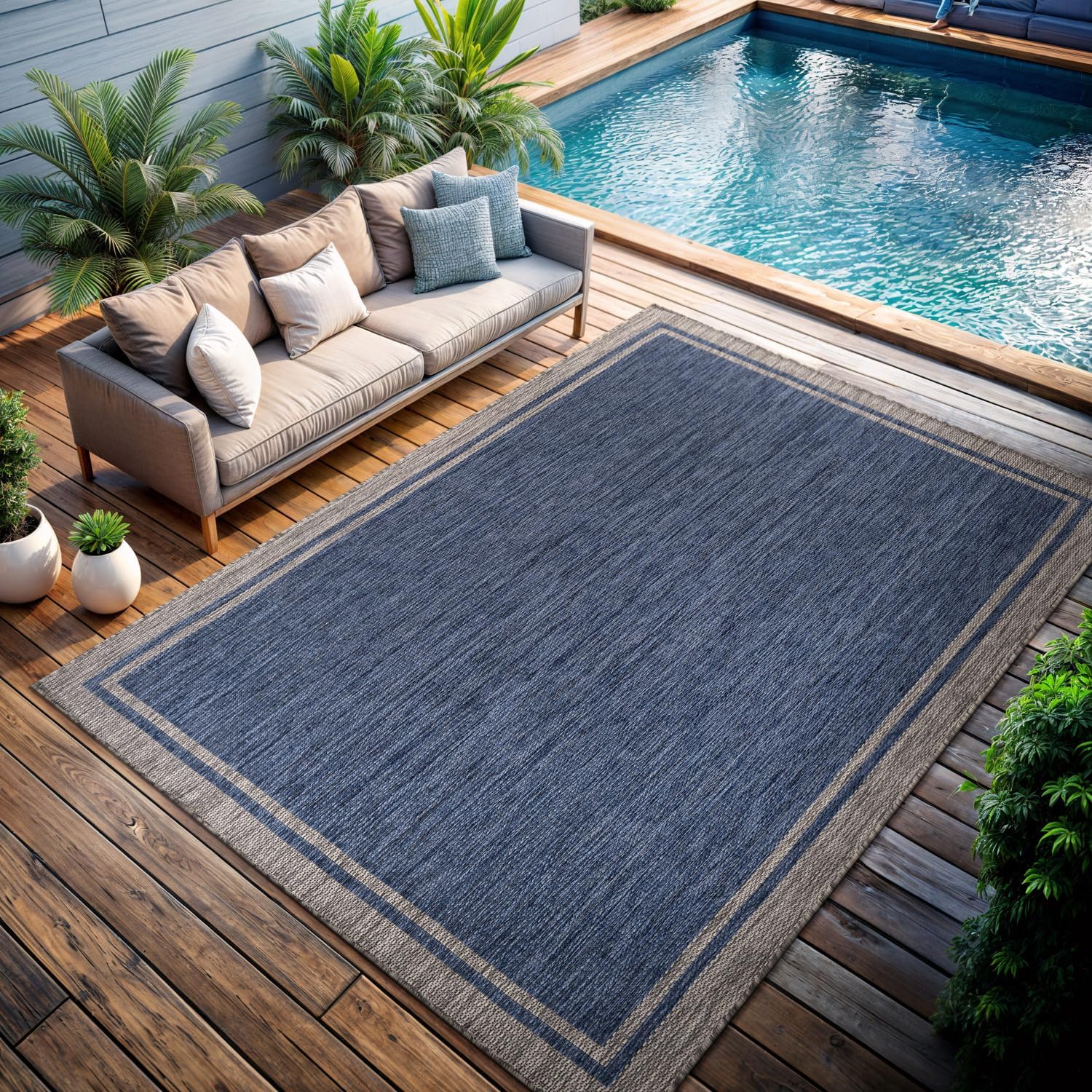 CAMILSON Outdoor Rug, 9x12 Bordered Navy Blue Gray Modern Large Area Rugs for Indoor and Outdoor