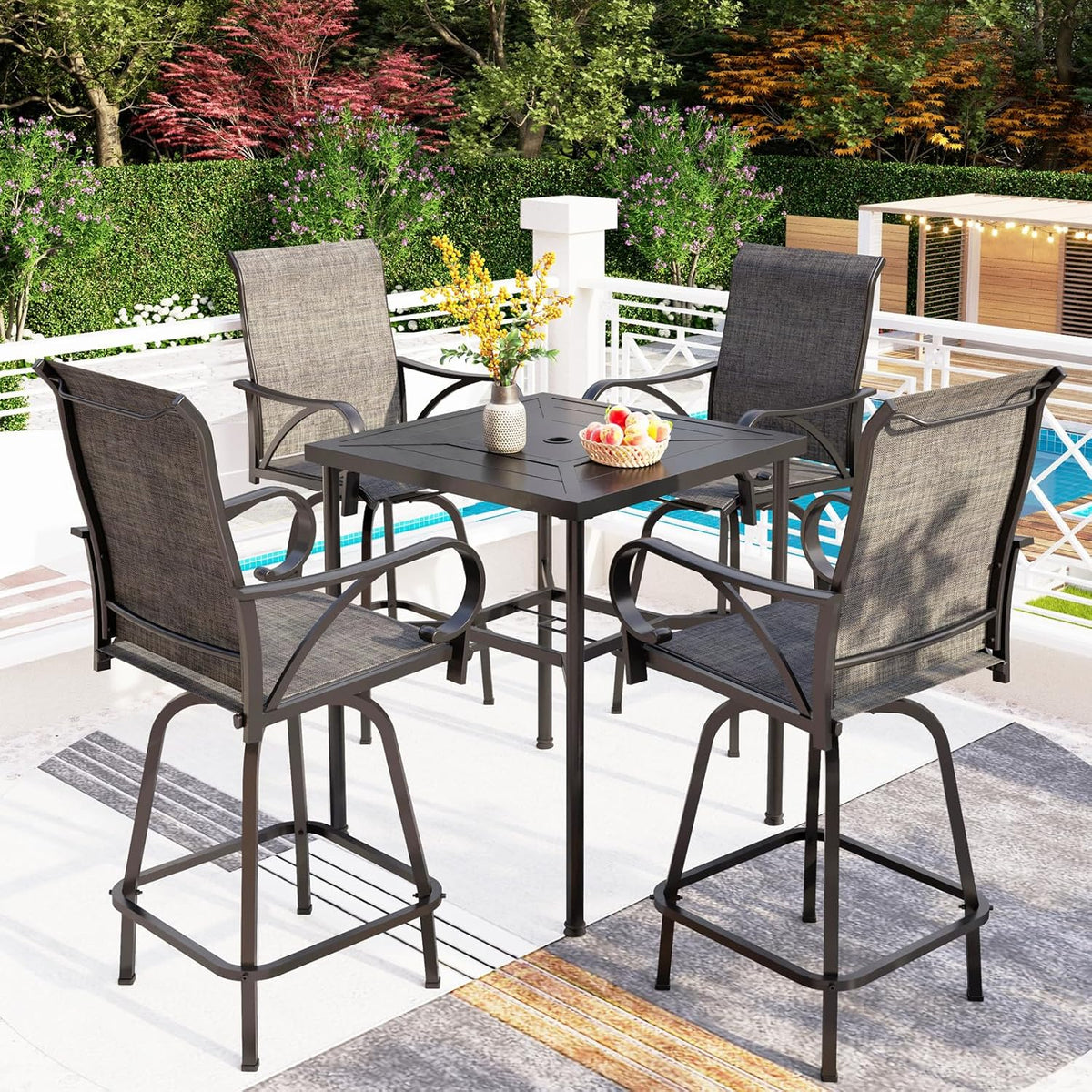 PHI VILLA Outdoor Swivel Bar Stools Set for 4, Metal Patio Bar Table and Chairs Set with Grey