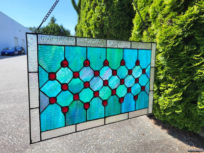 Tiffany-Style Stained Glass Window Panel, 100% Genuine Stained Glass and Cabochon, Handcrafted 73