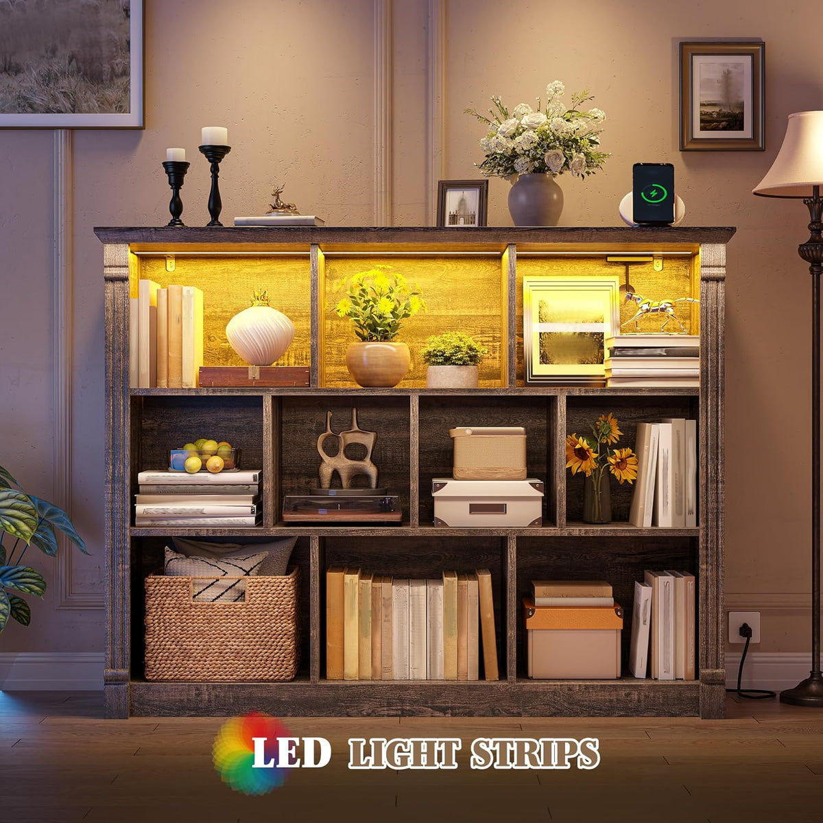 EnHomee 10 Cube Storage Organizer with LED Light and Charging Station Wood Cube Shelf Display