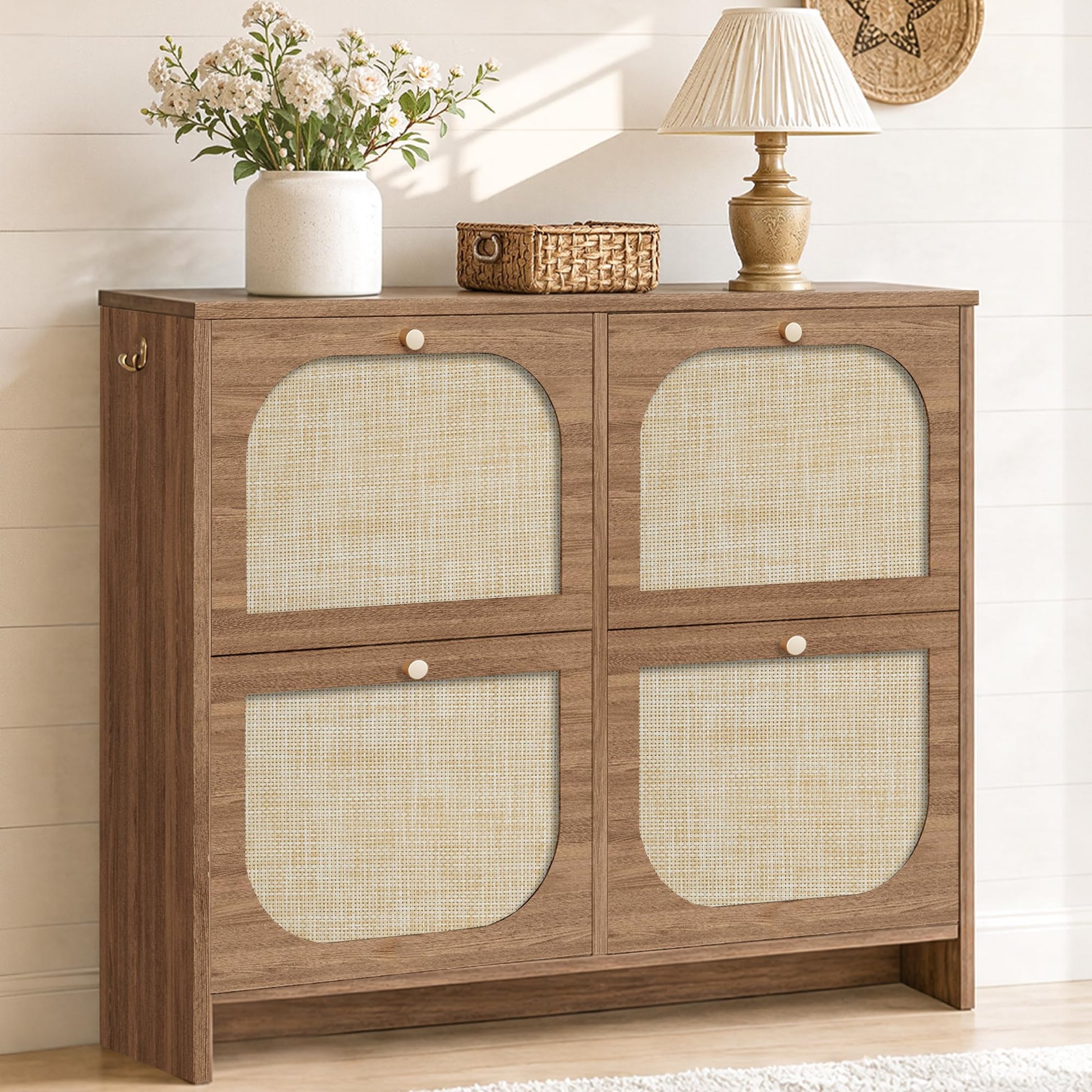Rattan Shoe Cabinet for Entryway with 4 Flip Drawers, 9.5" Narrow Shoe Rack, Boho Slim Shoe Storage