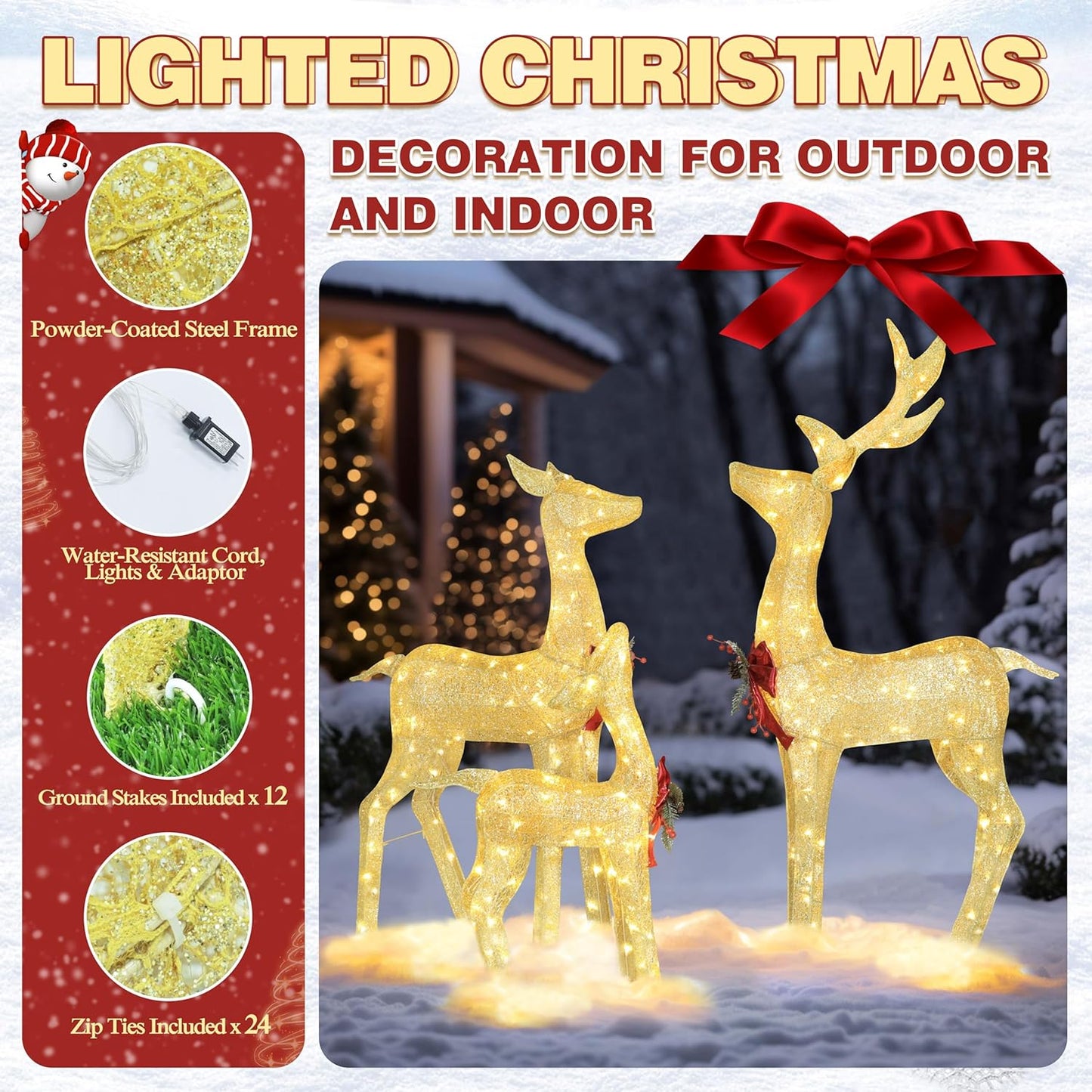 4.5FT Lighted Reindeer Family Set for Christmas Decoration, 3 Pieces Pre-Lit Iridescent Deer with