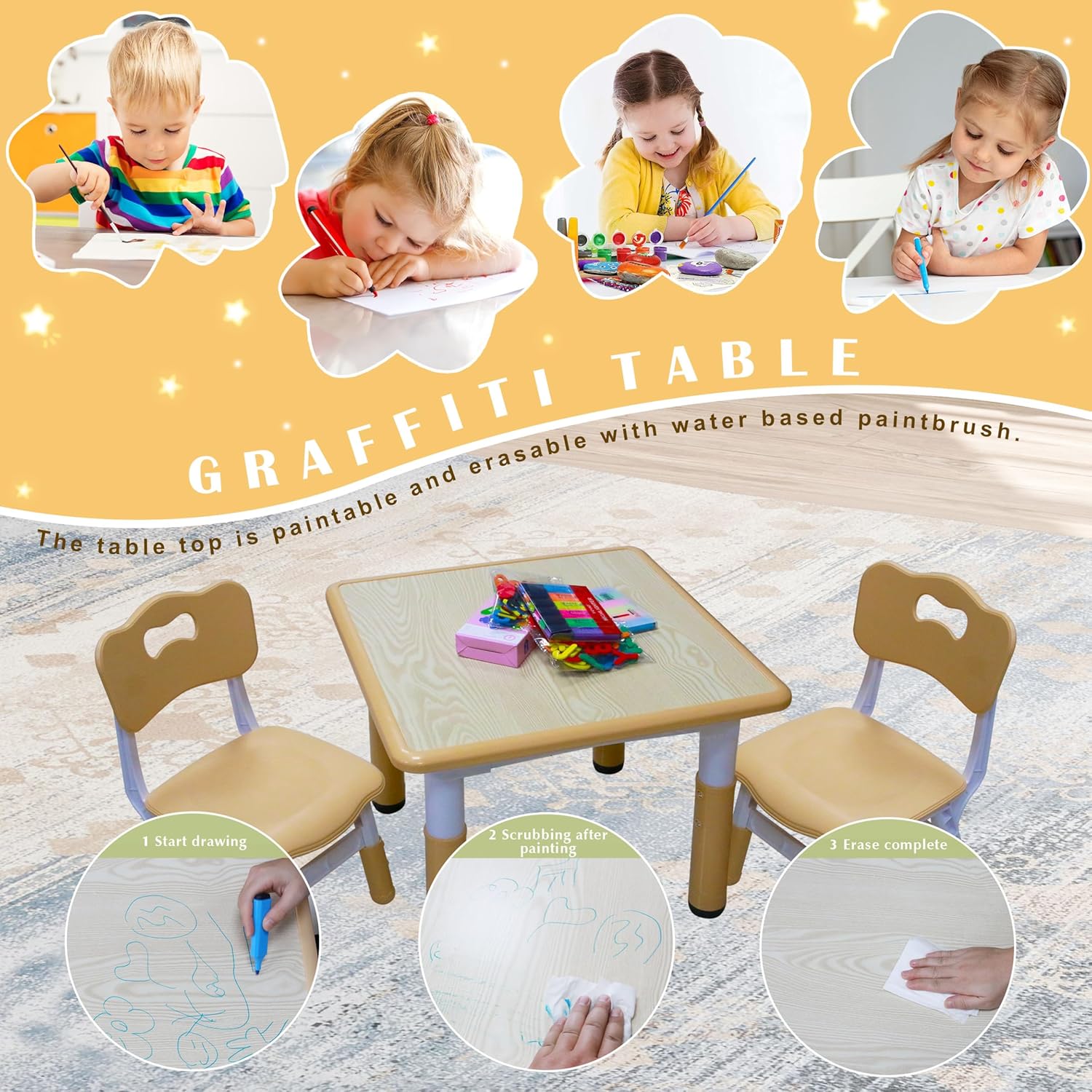 Kids Table and 2 Chairs Set with Graffiti Desktop, Toddler Furniture Set, Non-Slip Table Children