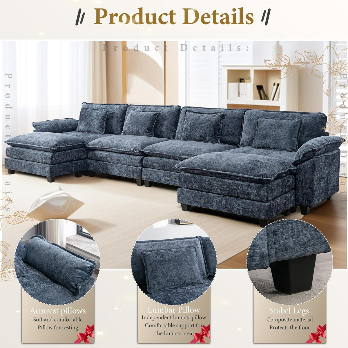 URRED Modular Sectional Sofa Comfy Cloud Couch, Modern Chenille Sofa Sleeper Deep Seat Couches with
