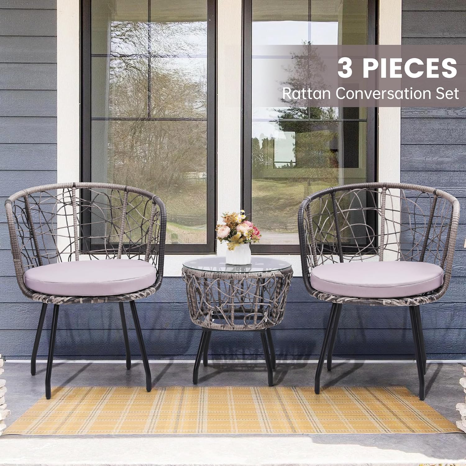 Kromax 3 Piece Bistro Set, Modern Outdoor Wicker Patio Furniture with Tempered Glass Table Top and