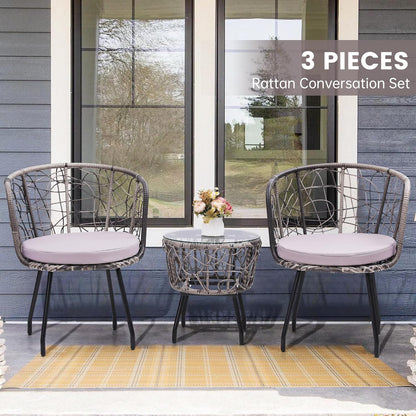 Kromax 3 Piece Bistro Set, Modern Outdoor Wicker Patio Furniture with Tempered Glass Table Top and
