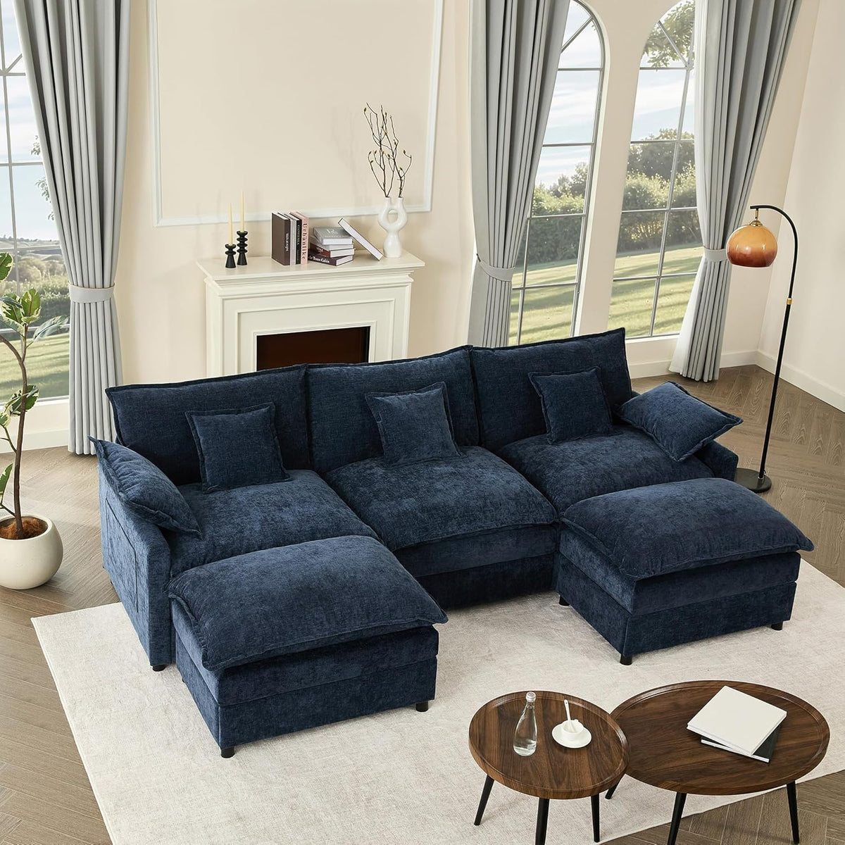 108" U Shaped Couch, Modular Sectional Sofa, 3-Seater Comfy Cloud Couch with Movable Ottoman, Deep