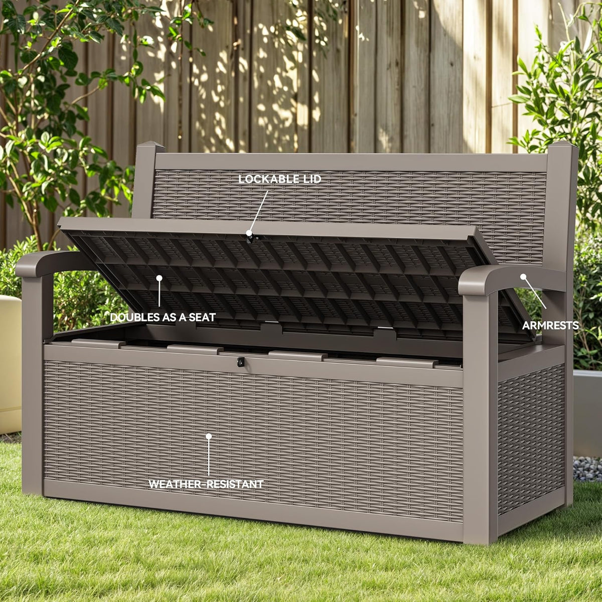 YITAHOME 70 Gallon Deck Bench with Storage, Outdoor Storage Box Bench with Armrests for Patio
