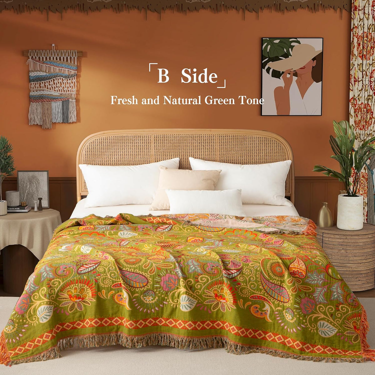 Boho Throw Blanket Full Size, Extra Large Soft Cozy Cotton Muslin Quilt Blanket for Bed Decor
