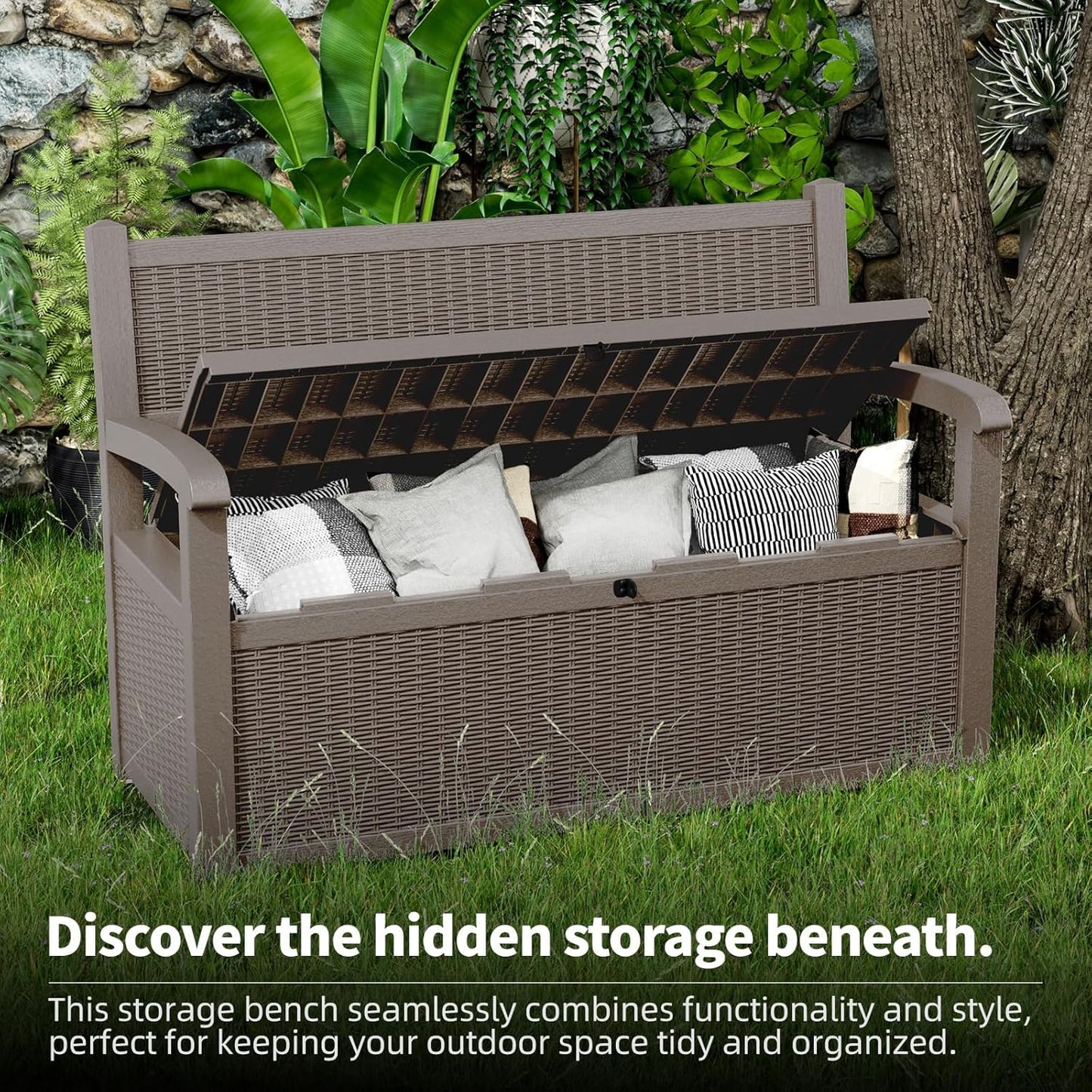 80 Gallon Storage Bench Deck Box, Waterproof and Lockable Outdoor Storage Furniture for Patio