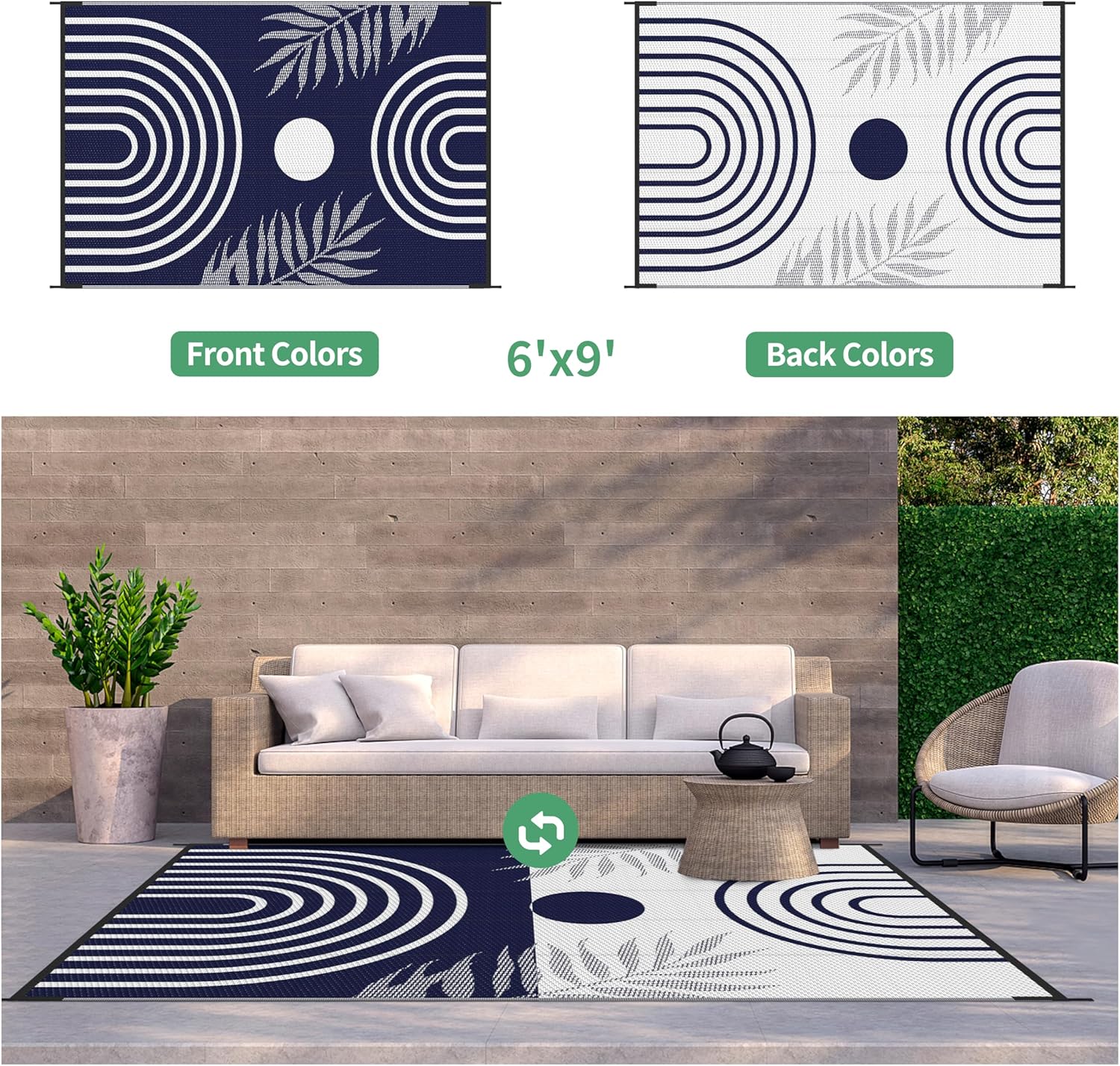 GENIMO Outdoor Rug 6' x 9' Waterproof for Patio Clearance, Reversible Lightweight Plastic Straw