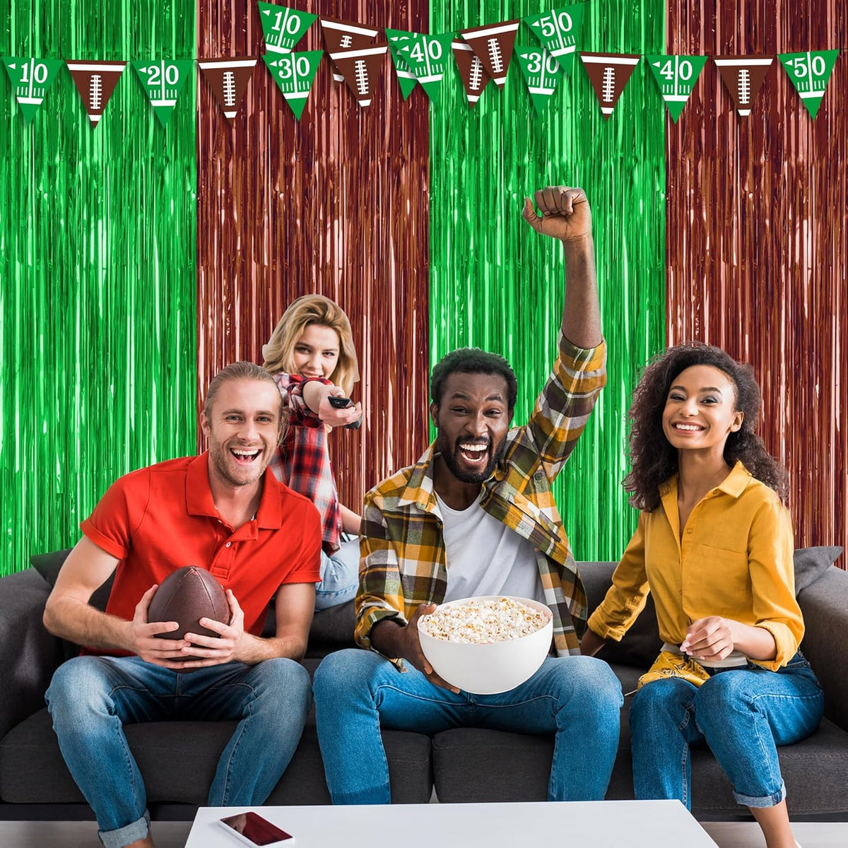 2 Pack Football Party Decorations, 3.28 FT x 7.05 FT Tinsel Backdrop, Brown Green Foil Fringe