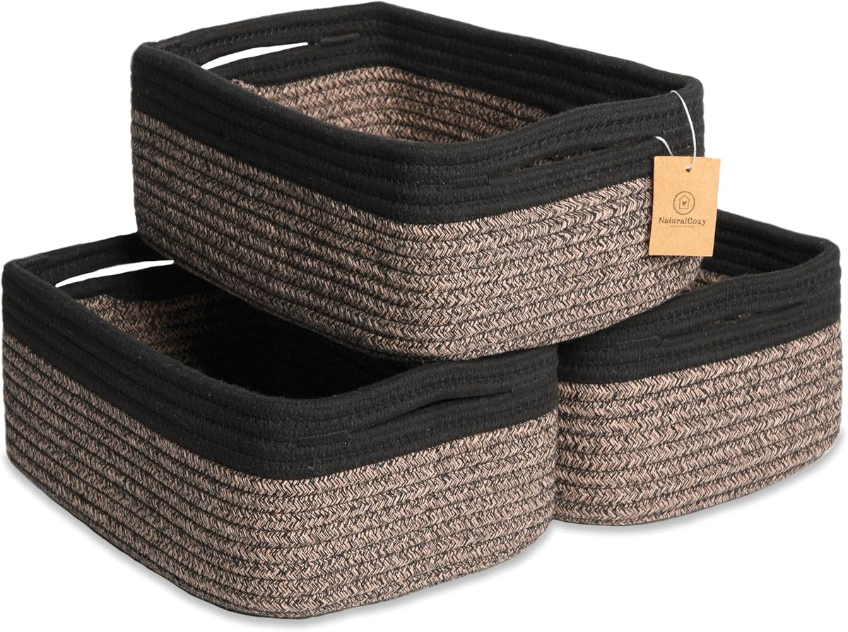 NaturalCozy 11.8"x8"x4.5” Rectangle Storage Baskets for Shelves 3 Pack | Cotton Rope Woven Small