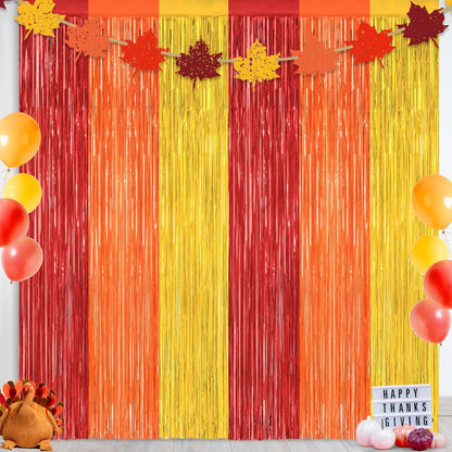 2 Pack Thanksgiving Backdrop, 3.28 FT x 7.05 FT Red Orange Gold Party Streamer, Metallic Fringe