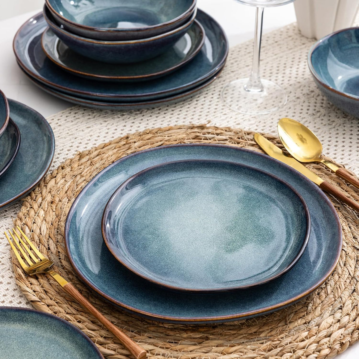 AmorArc Ceramic Dinnerware Sets,Handmade Reactive Glaze Stoneware Plates and Bowls Set,Highly