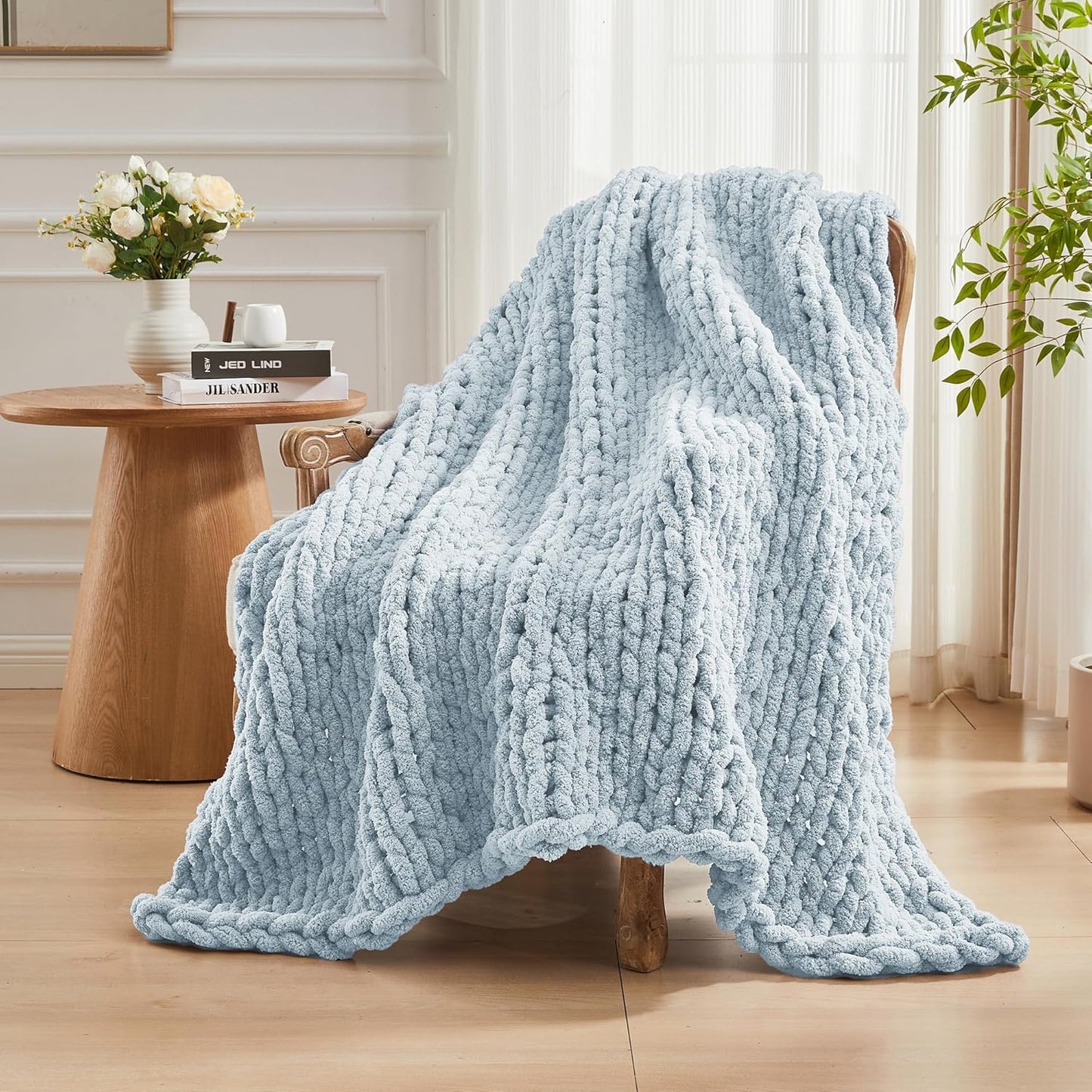 Carriediosa Chunky Knit Throw Blanket 50" X 60", 100% Hand Made Large Chenille Loop Yarn Soft