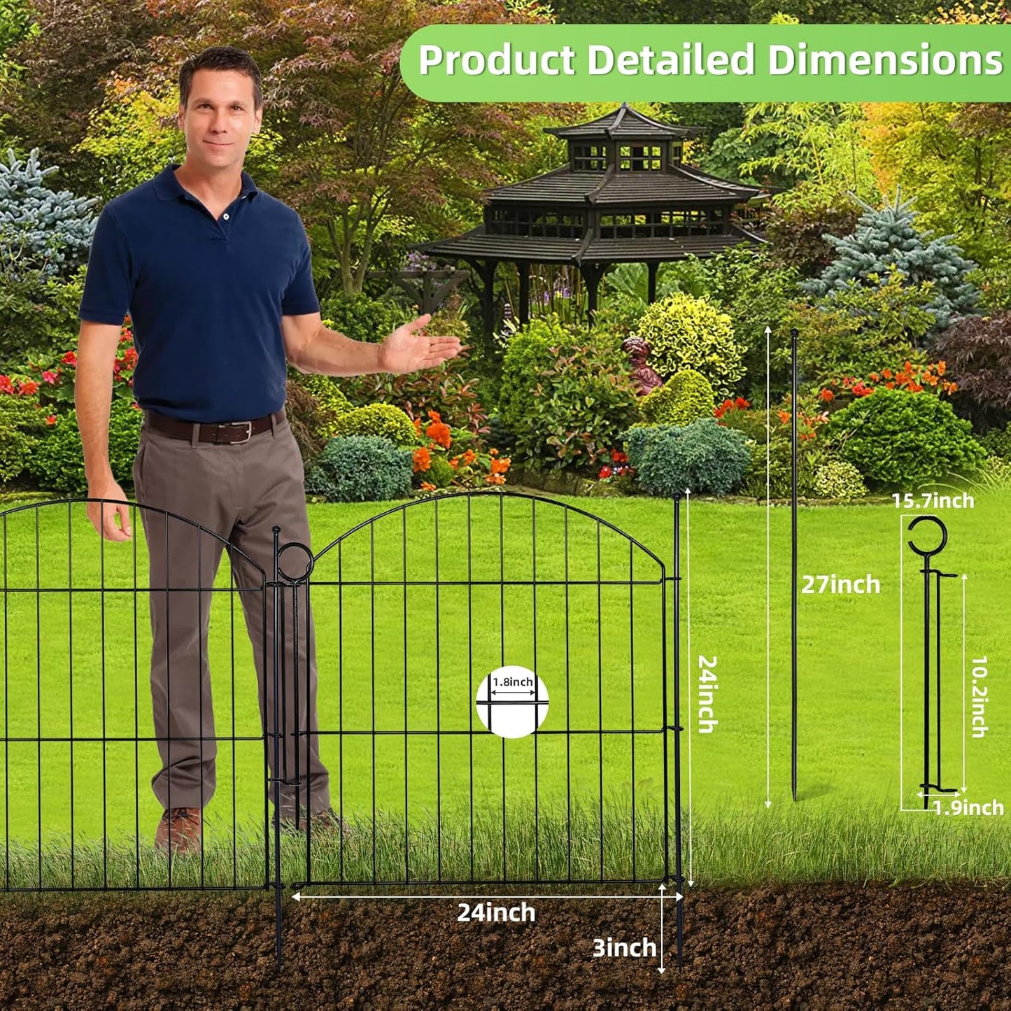 Decorative Garden Fence 24in (H) x10ft (L), 5 Pack No Dig Fence Animal Barrier for Dog with Lock