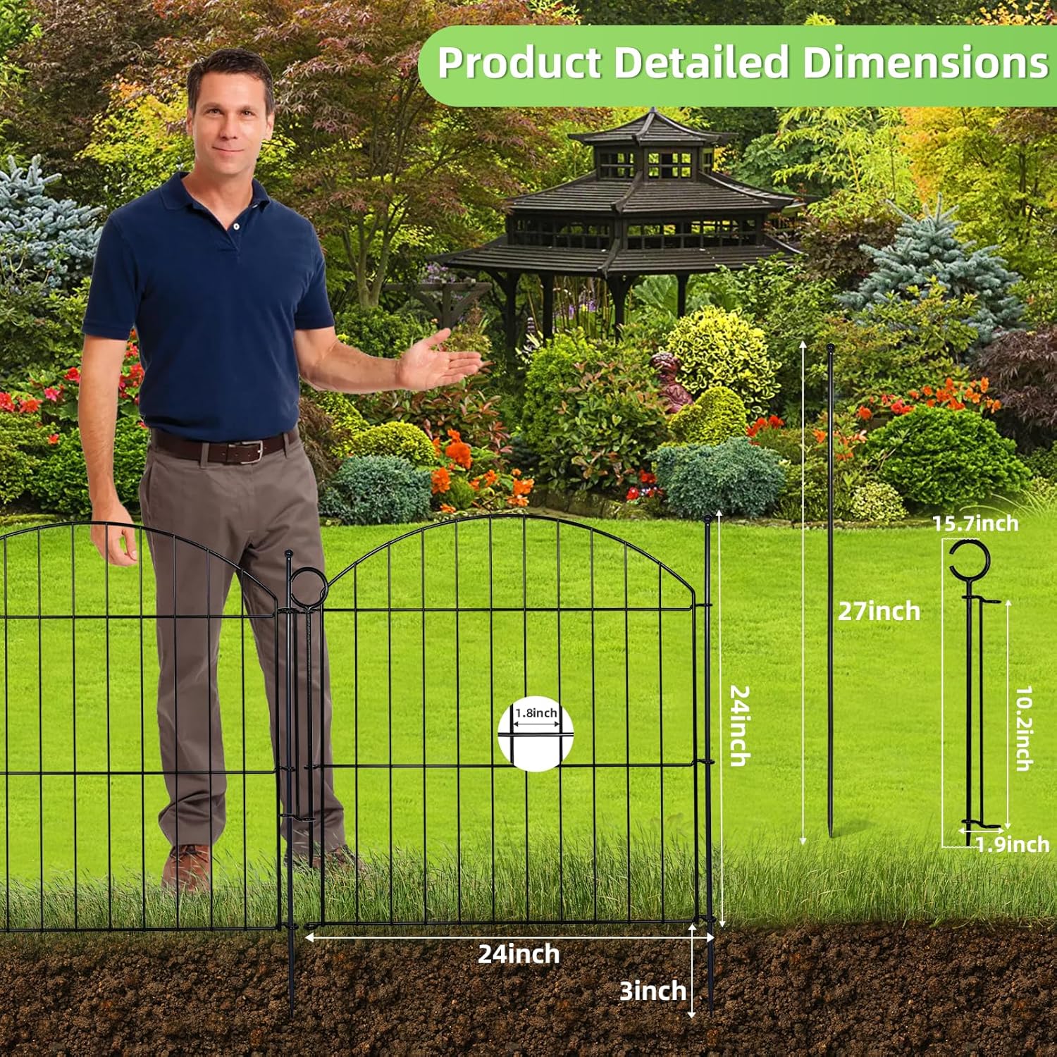 Decorative Garden Fence 24in (H) x10ft (L), 5 Pack No Dig Fence Animal Barrier for Dog with Lock