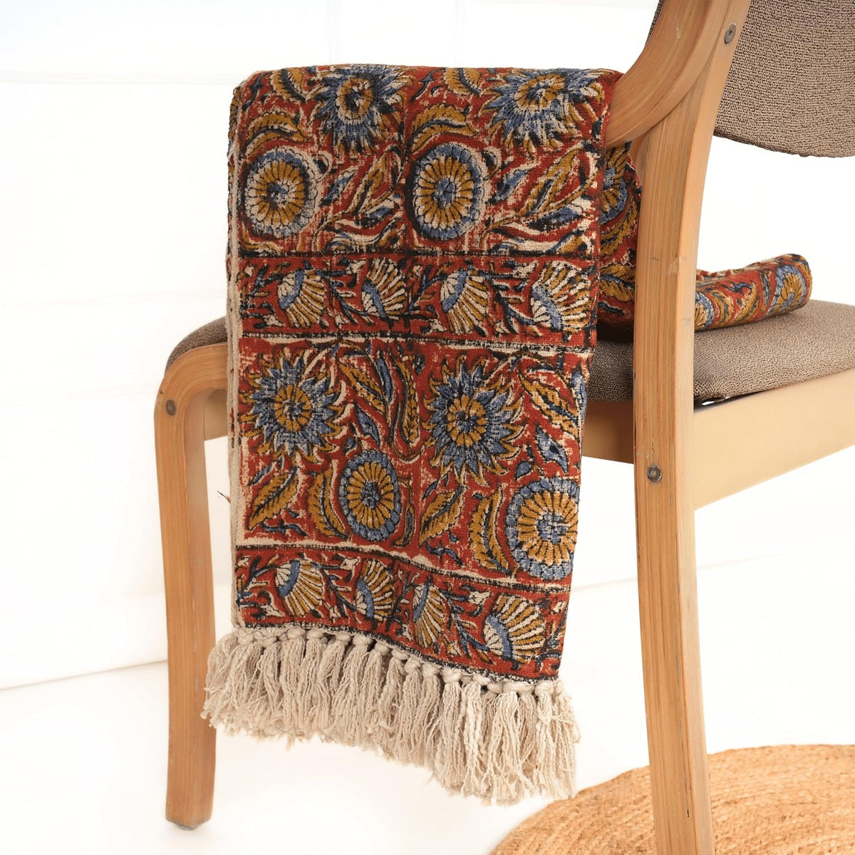 Handmade Cotton Throw Blanket | Floral Block Print in Orange & Navy | 48x70 Inches Fringed Bed
